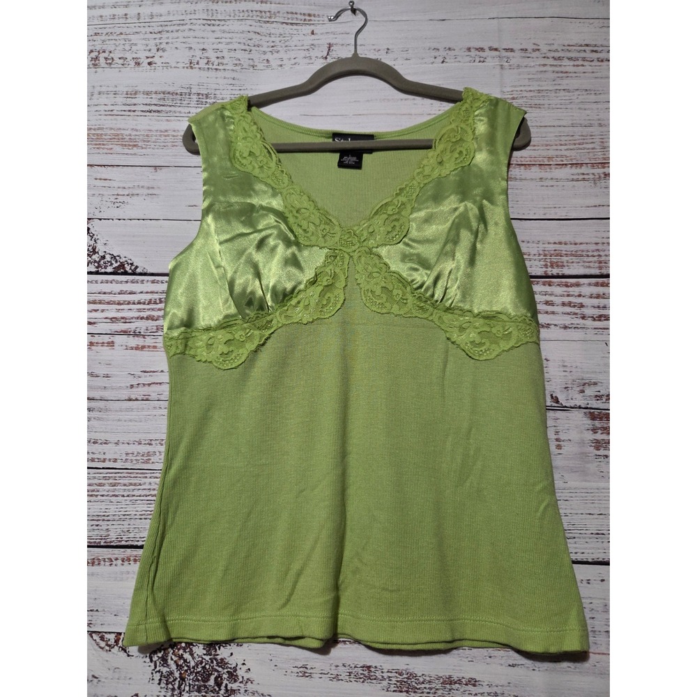 Style & Co Womens Lime Green Lace Trim Satin Panel Ribbed Tank Top Large